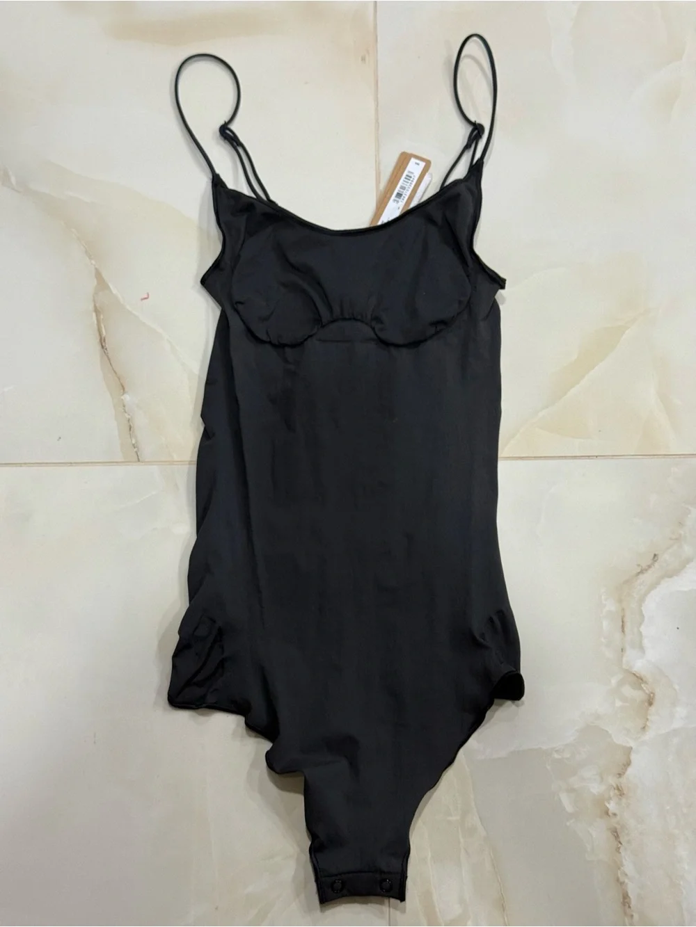 SKIMS Black Satin-Look Slip Bodysuit with Adjustable Straps